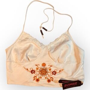 Romwe Beige Sueded Halter Top Embroidered Flowers Beads NWT 3XL Festival Hippie